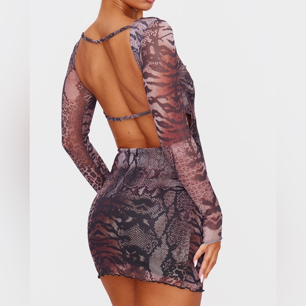 PLT Brown Leopard Printed Long Sleeve Open Back Mini Dress